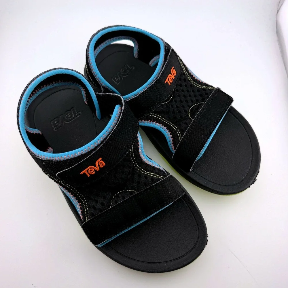 Teva Tanza Sandals Kids Size 1 Black Blue Neon Yellow Water Friendly